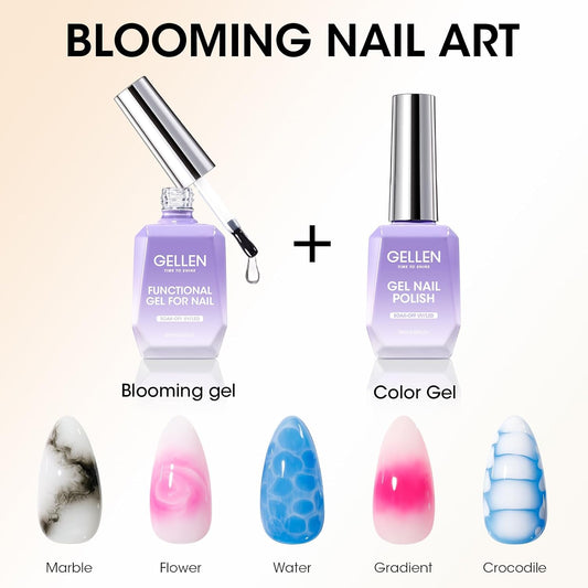 GELLEN Blooming Gel Nail Polish, 2 Pack 18ML Clear Nail Blooming Gel Spreads Marble Floral Watercolor Nail Art Effect For Nails, Long Lasting No Wipe Soak Off UV Gel Polish for DIY Manicure Design