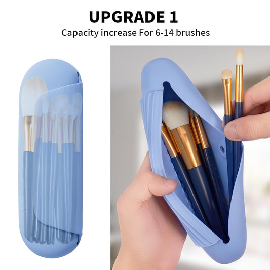 Silicone Makeup Brush Holder Travel Cosmetic Bag：Soft Portable Cosmetic Face Brushes Holder with Upgrade Anti-Fall Out Magnetic Closure, Large Travel Makeup Brush Case - Blue