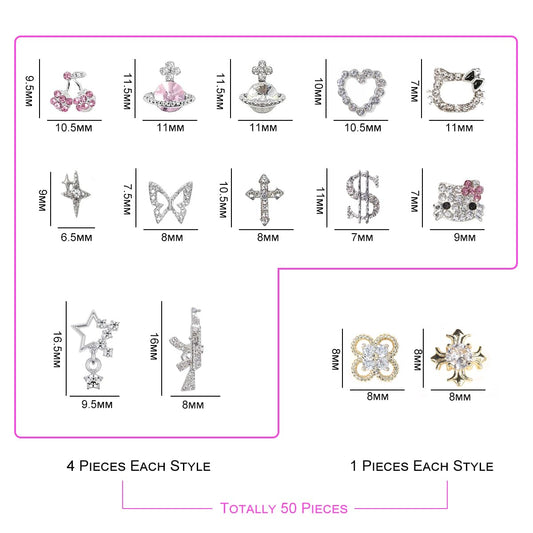 50Pcs Nail Charms Rhinestones Gems Kitty Heart Star Gun Planet Cross Jewelry for Acrylic Nails Accessories Women Nail Decorations Manicure Craft DIY Nail Art Supplies