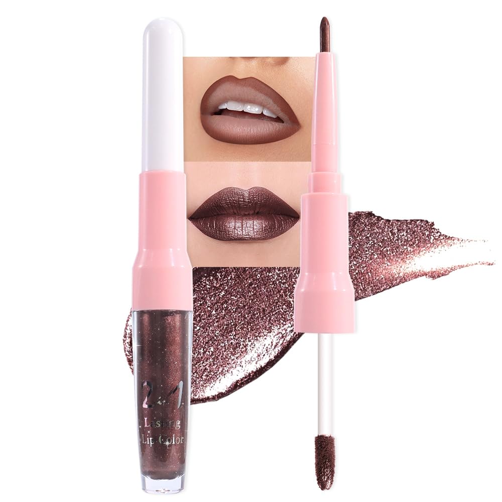 evpct Dark Brown Metallic Glitter Lip Liner and Lipstick Combo Lip Gloss Stain Set Makeup for Women Long Lasting Waterproof 24, Chocolate Metallic Shimmer Frosted Iridescent Shiny Liquid Lipstick 11
