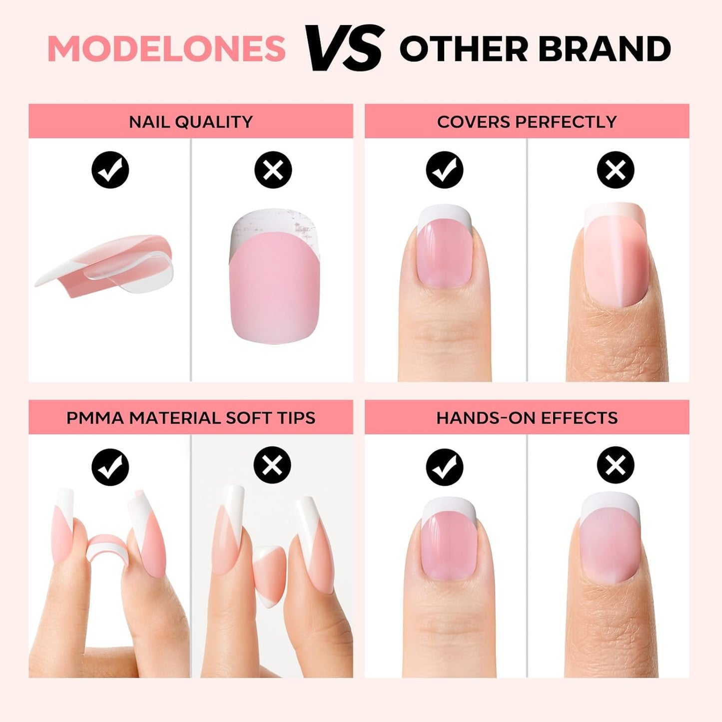 modelones French Tip Press on Nails, Short Square Fake Nails with Nail Box, Pink & White Gel Nail Tips for Women, Soft Glue-On Nails for Natural Salon Look, DIY Nail Art Kit