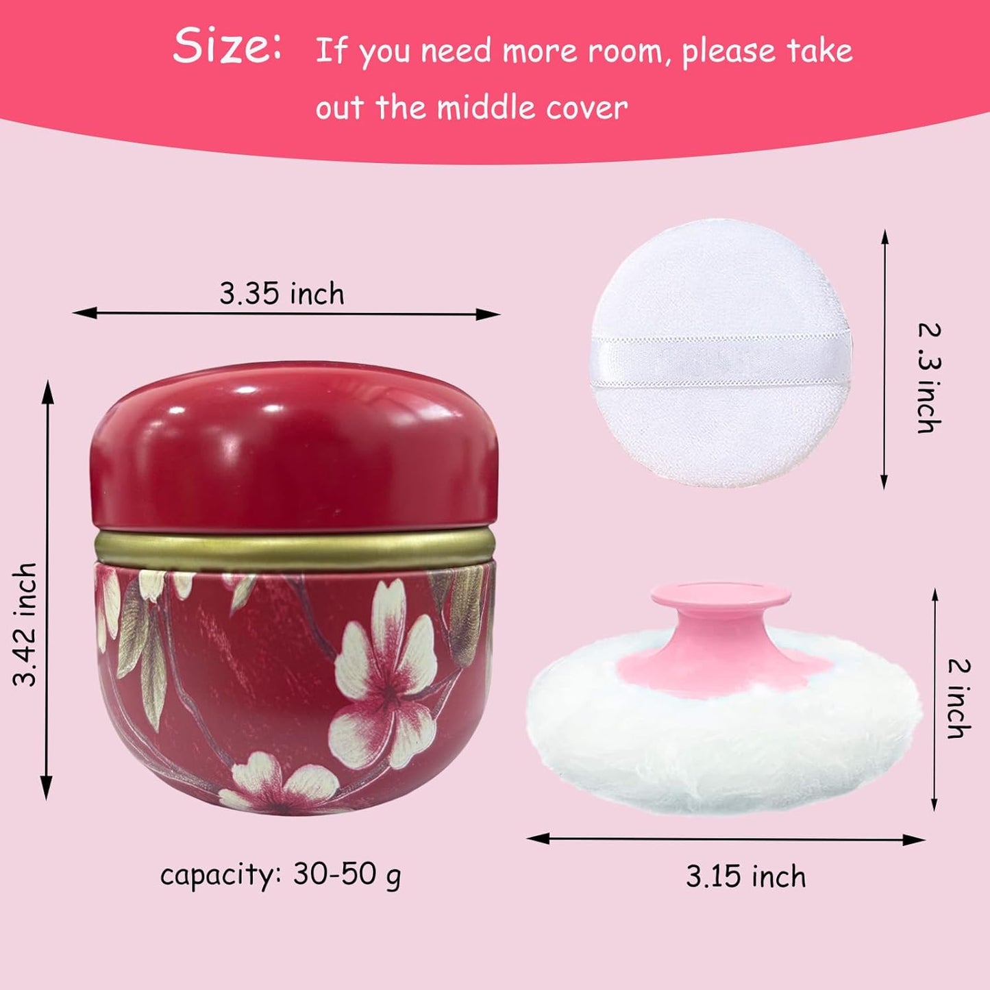 Body Powder Puff and Container for Dusting Powder, Women Powder Puff and Powder Case for Bath and Travel (Red Future)