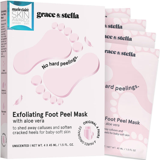 grace & stella Award-Winning Foot Peeling Mask - Foot Peel Masks with Aloe Vera- Moisturizing Foot Masks That Remove Dead Skin, Exfoliating Foot Mask for Dry Cracked Feet (4 Pairs, Unscented)