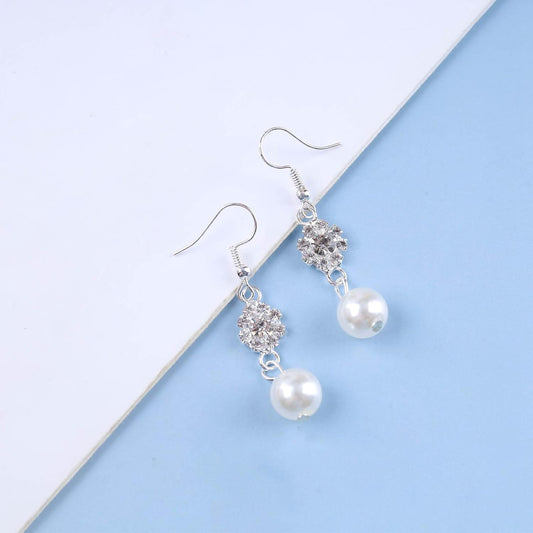 Vintage Rhinestone Pearl Drop Earrings Crystal Flower Dangle Earrings Silver Pearl Earring Cz Flower Hook Earrings Jewelry for Women