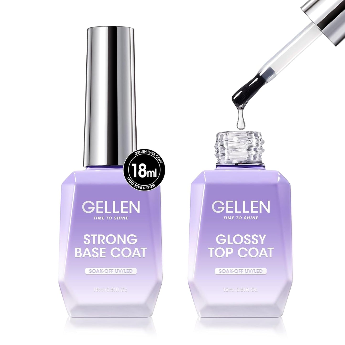GELLEN Gel Top Coat and Base Coat 2 Pcs 18ml Superior Base Coat Top Coat Set No Wipe Soak Off Ultra Glossy Top Coat Gel Nail Polish UV LED Clear Nail Polish Long Lasting for 28+ Days