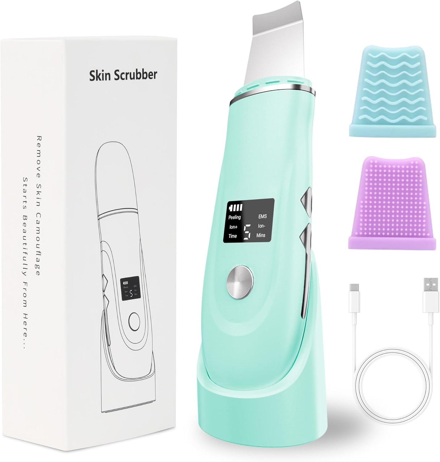 Face Scrubber Skin Spatula - Blackhead Remover Deep Cleansing Tool for Pore Extraction, 4-in-1 Fast Charging Dock Blackhead Remover Face Spatula for Facial Skincare Women Gift (Green)