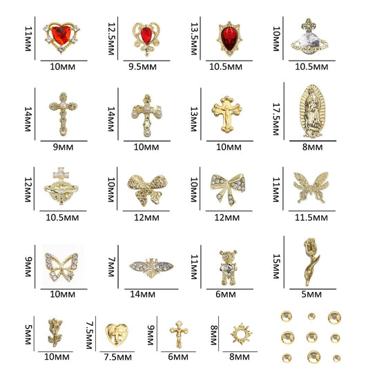 80+ Pcs Golden Nail Charms with Nail Art Rhinestones Gold Cross Virgin Mary and Rose Nail Gems for Acrylic Nails Accessories for Women Nail Decorations Manicure Craft DIY Supplies