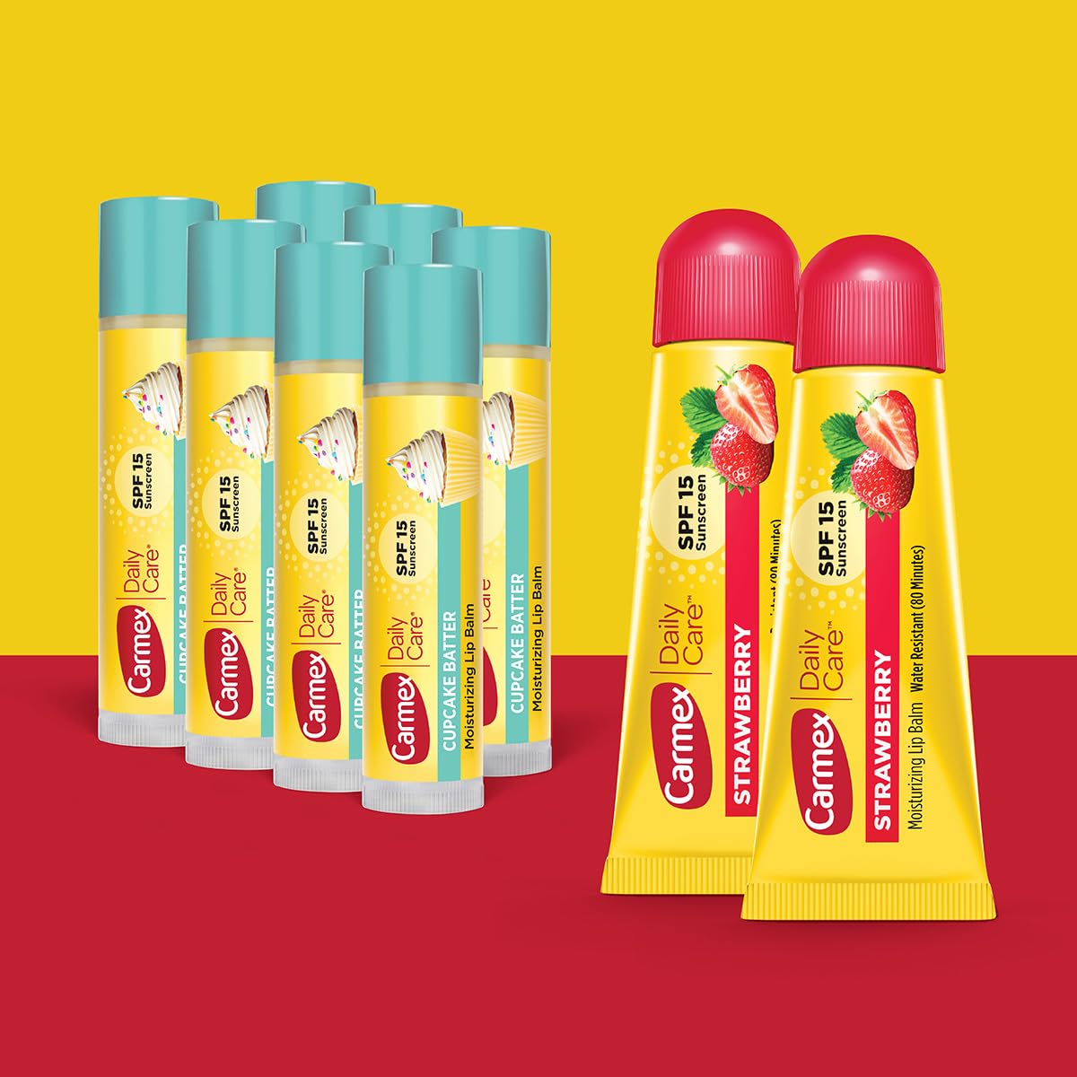 Carmex Daily Care Moisturizing Lip Balm Pack, SPF 15, Strawberry & Cupcake Batter Flavor Variety Pack Bag, 9 Count (7 Sticks, 2 Tubes)