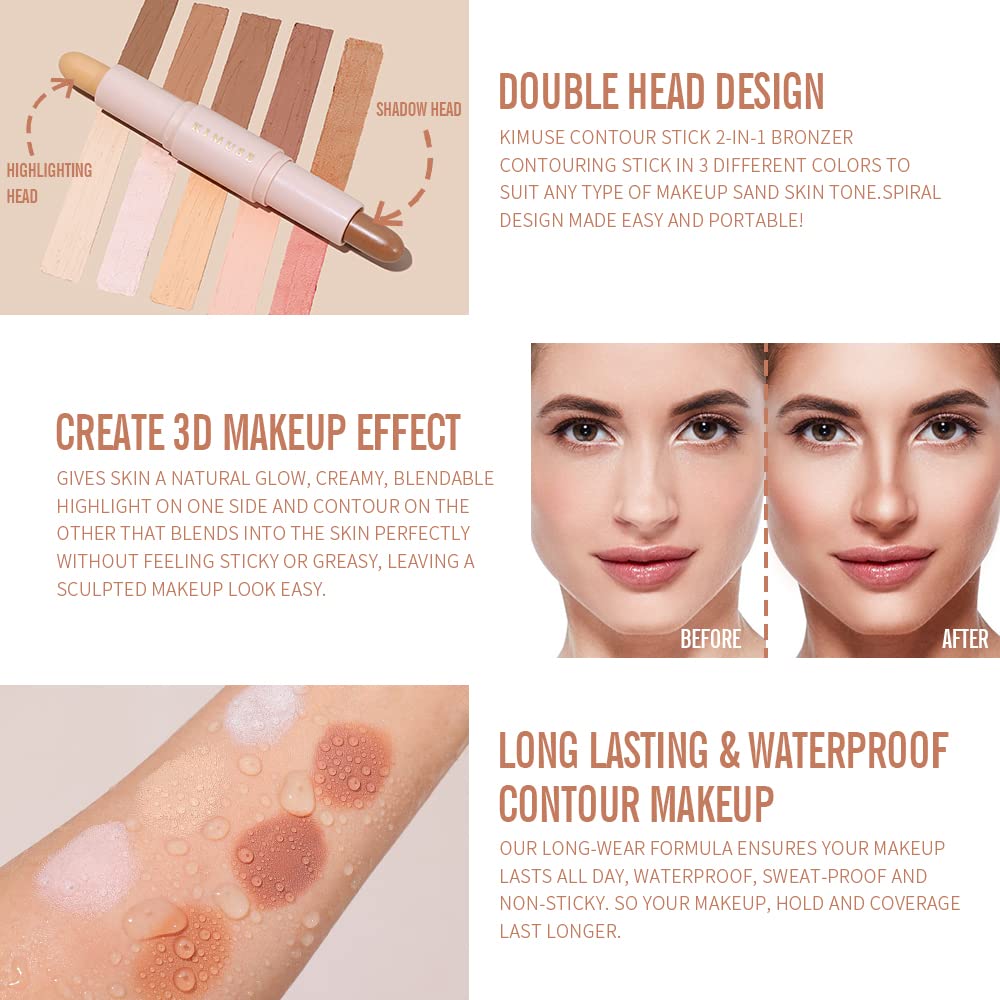 KIMUSE 2Color Dual Cream Contour Stick, Long Lasting & Waterproof Highlight & Bronzer Contour Sticks Kit for Light Skin Face Makeup