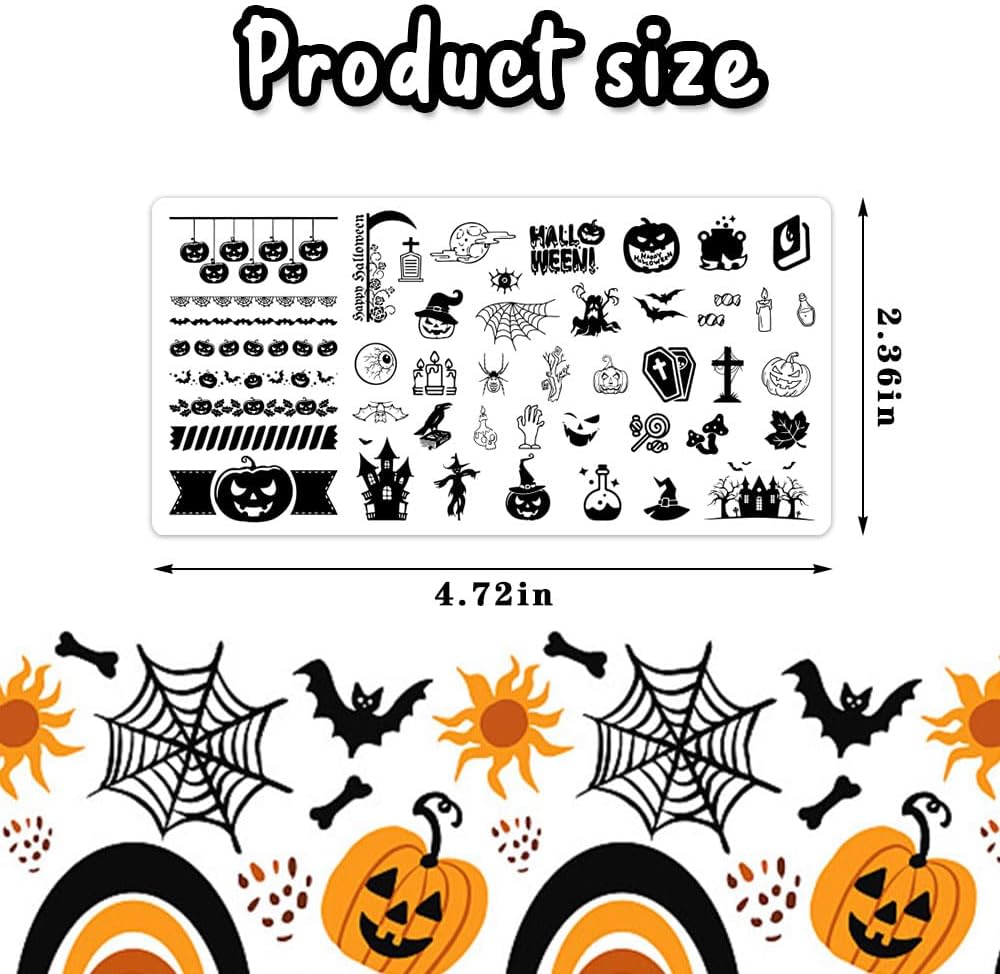 ALIBBON 6 Pcs Halloween Nail Stamping Plates Set, Ghost Pumpkin Background Nail Art Stamp Templates, Cat Spider Web Stamp Templates Kit, Castle Grave Metal Nail Plates for DIY Printing Decor