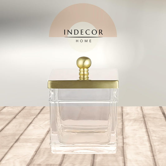 Apothecary Glass Cotton Jar Holder Brushed Gold Stainless Steel Lid, Elegant Bathroom Storage Canister for Qtips, Cotton Balls, Floss, Makeup Organizer, Vanity Bathroom Organization