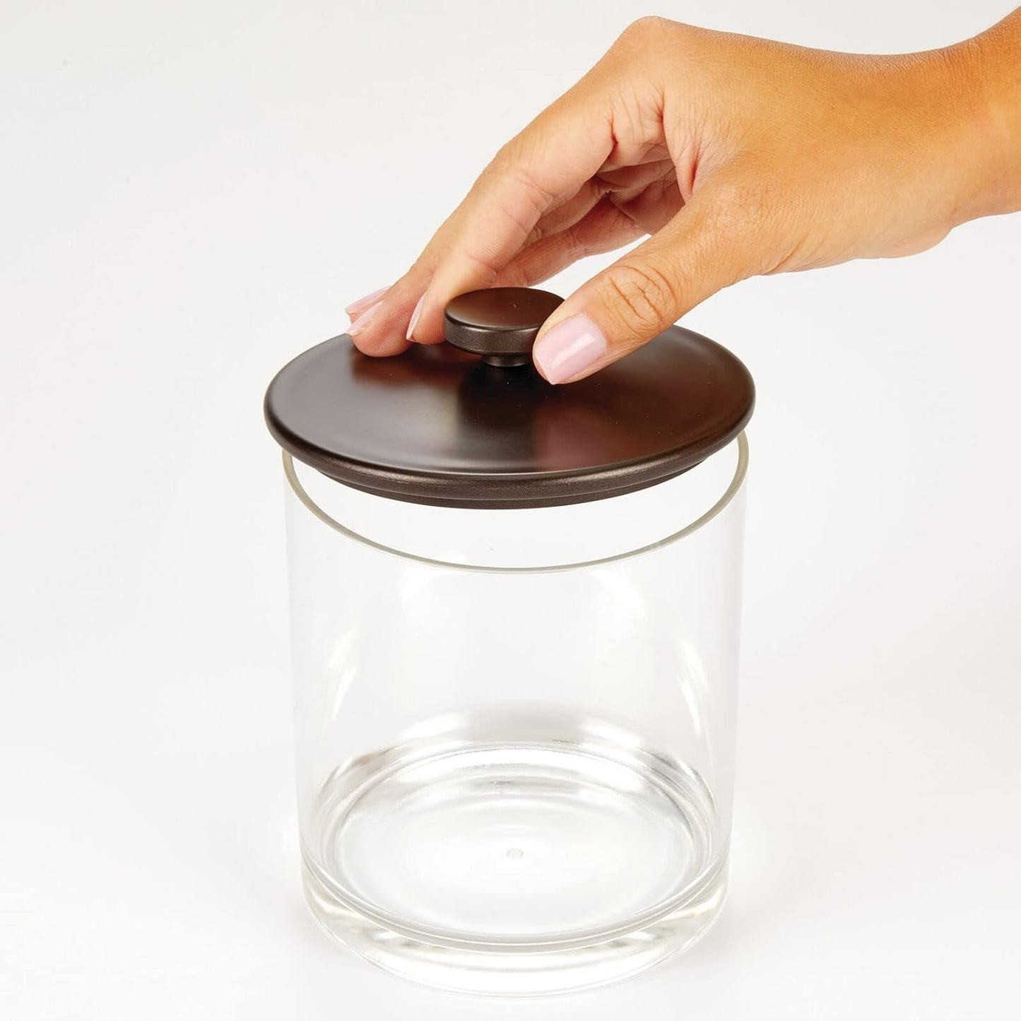 mDesign Medium Modern Apothecary Storage Organizer Canister Jars - Acrylic Containers for Bathroom, Organization Holder for Vanity, Counter, Makeup Table, Lumiere Collection, 2 Pack, Clear/Bronze