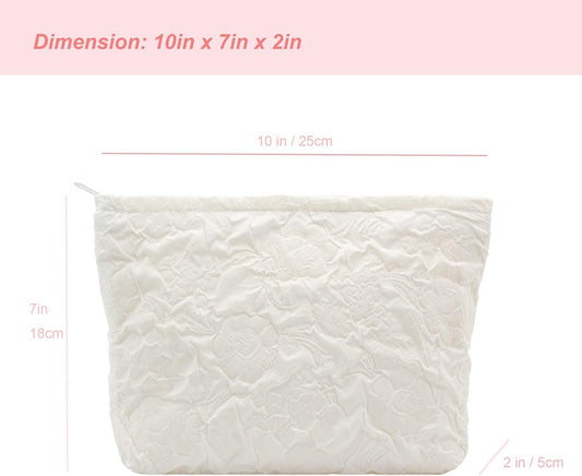 Makeup Bags for Purse Zipper Cosmetic Pouch Large Travel Canvas Make Up Organizer Tool Pouch for Women and Girls,Flower Ivory