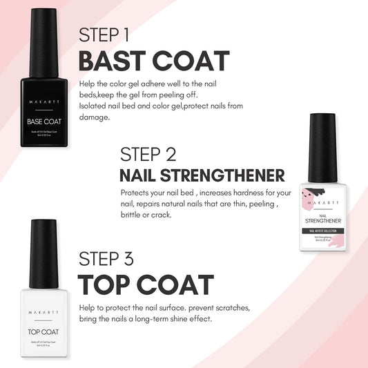 Makartt Nail Strengthener Gel Base & Top Coat Kit, 3Pcs 8ML, Long-Lasting Base & No Wipe Top Coat for Damaged Thin Nails, UV/LED Lamp Required, Promotes Nail Growth