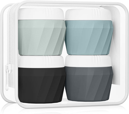 Travel Containers for Toiletries, Premium Cosmetic Silicone Cream Jars, TSA Approved Leak-Proof Refillable Travel Size Toiletries with Clear Bag for Cosmetic Face Body Cream (Gray)