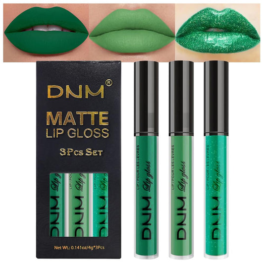 evpct 3Pcs Dark Pale Teal Forest Emerald Green Matte Glitter Shimmer Shiny Liquid Lipstick Lip Stain Sets for Women Matte+Lipstick Long Lasting Waterproof 24 hr Magic Lipstick 24 Hours original