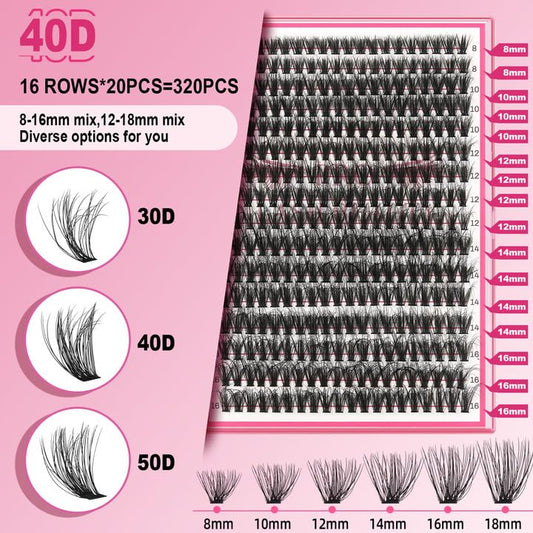 Lash CIusters 320Pcs Individual Lashes 3D Fluffy Cluster Lashes Natural Look Eyelash Clusters Faux Mink Wispy Lashes 40D-D Mixed DIY Lash Extension (3D Fluffy-40D-D,8-16mix)