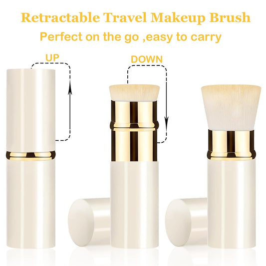 Retractable Kabuki Makeup Brush 2 Pack, Travel Powder Foundation Makeup Brush Face Blush Brushes for Blending Liquid, Blush, Bronzer, Buffing, Sunscreen,Flawless Cosmetics