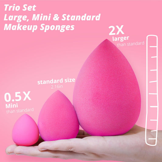 BEAKEY Large, Mini and Standard Makeup Sponges Trio Set with Soft and Bouncy Touch, Beauty Sponges Blender in Rose Pink for Powder, Cream and Liquid Blending