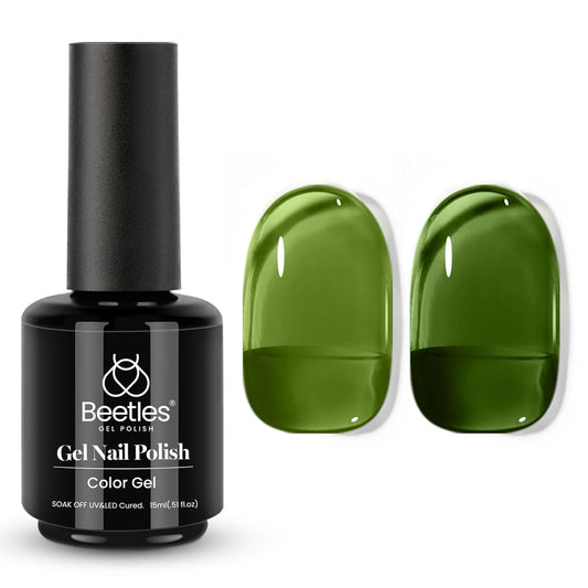 Beetles Green Gel Nail Polish - 15ml Olive Green Natural Jelly Gel Polish Fall Color Sheer Translucent Effect Soak Off UV Nail Art DIY Manicure Gift for Women