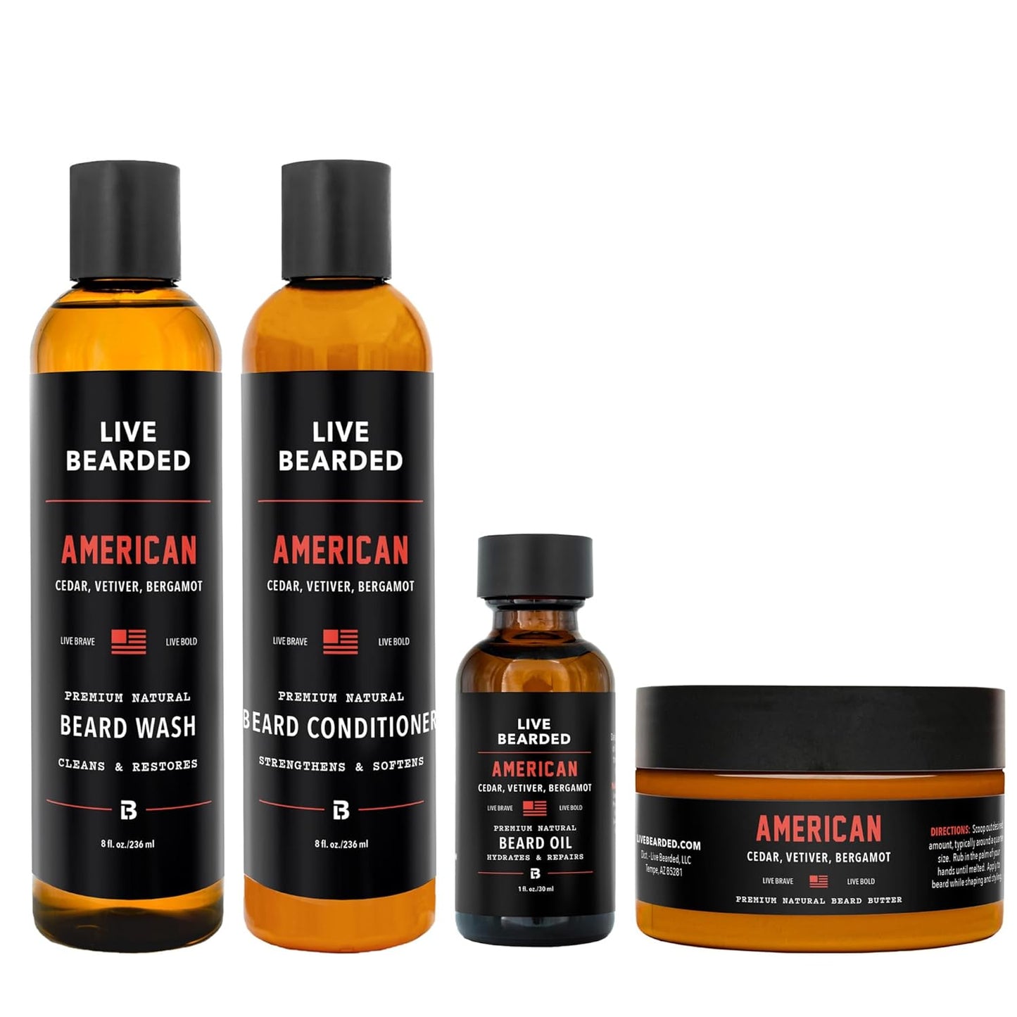 Live Bearded Complete Beard Grooming Kit - Wash, Conditioner, Butter and Oil - Made in the USA with All-Natural Ingredients - Mens Groom Set | American Scent - Cedar, Vetiver, Bergamont
