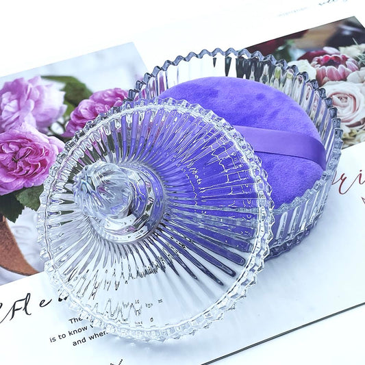 2 Pack Extra Large 5.2" Purple Powder Puffs and 5.3" Glass Container – Oversized Dusting Powder Jar with Puff Powder Holder Case(Clear Glass)