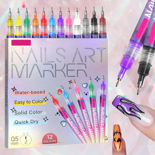 12 Color Nail Art Pens, 0.5MM Nail Art Markers Set, Quick-Dry Waterproof Nail Pens for DIY Painting Nails, Manicure Tools for Beginners & Pros (1 Set)