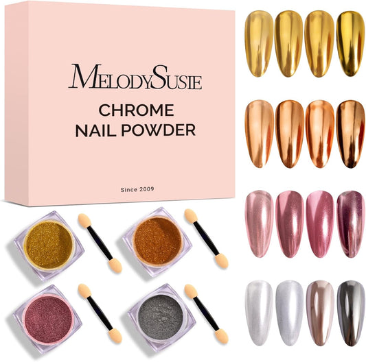 MelodySusie 4Pcs Chrome Nail Powder for Gel Nails,Metallic Mirror Effect Pigment Stylish and Technological Fine Glitter for Home DIY Salon Use