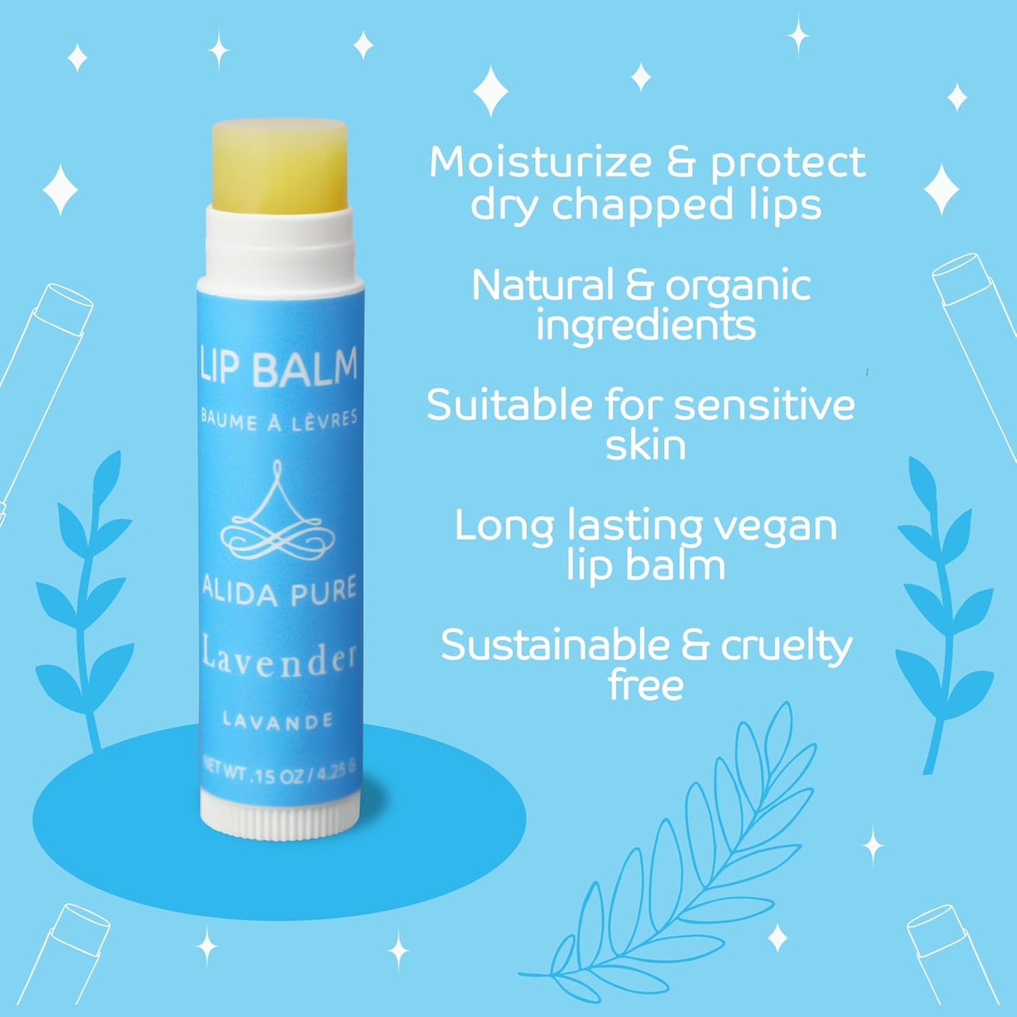 Lavender Lip Balm, Cruelty Free, Vegan Set, Beeswax Free, with Organic Jojoba and Avocado Oil, Vitamin E, Natural Moisturizer for Dry, Chapped, or Cracked Lips, 3 Tube Set