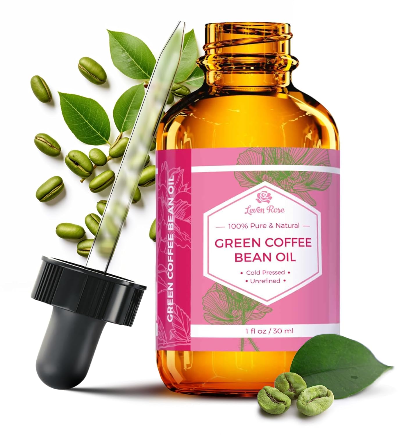 Leven Rose Green Coffee Bean Oil 100% Natural Pure Cold Pressed Unrefined Coffeebean Oil For Around Eyes, Face, Nails, Skin, And Hair- 1 oz Bottle (1 ounce)