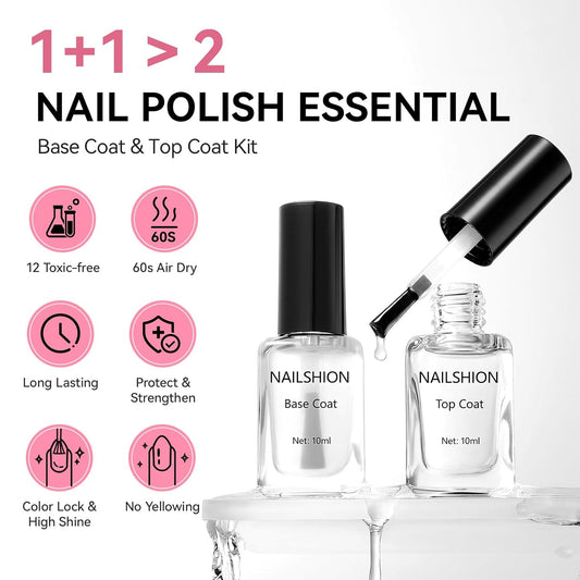 Base Coat and Top Coat, Clear Regular Nail Polish, Rich in VE Calcium Quick Air Dry Nail Strengthening Non Gel, 2Pcs Vegan Base Chip Resistant High Shine Long-lasting Nail Art Gift Set