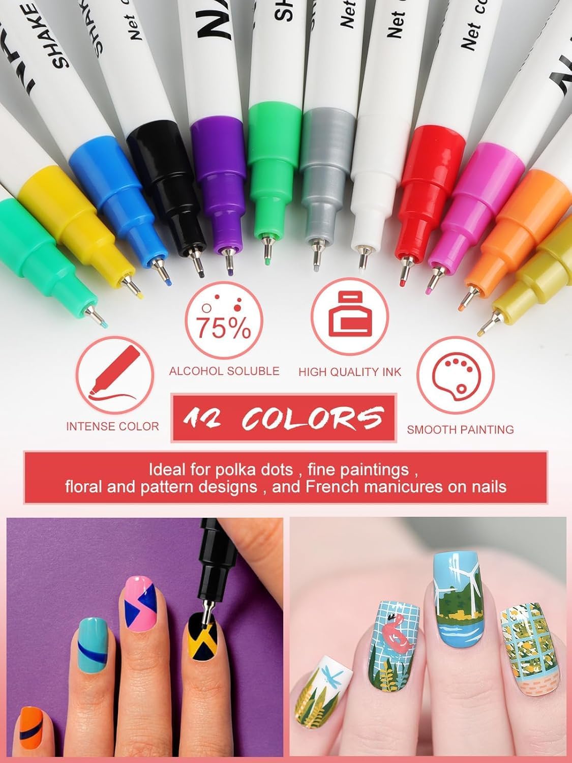 12 Color 3D Nail Art Pens Set, Kalolary 0.5MM Nail Pens Nail Point Graffiti Dotting Pen Drawing Painting Liner Brush for DIY Nail Art Beauty Adorn Manicure Tools