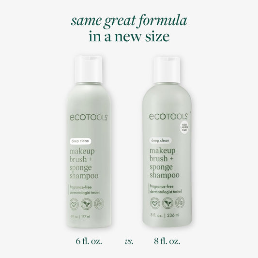 EcoTools Makeup Brush + Sponge Shampoo, Remove Makeup & Impurities From Tools, Sponges, & Puffs, Fragrance-Free Brush Cleanser, No Harsh Chemicals, Vegan, & Cruelty-Free, 8 fl. oz./236 ml. Bottle