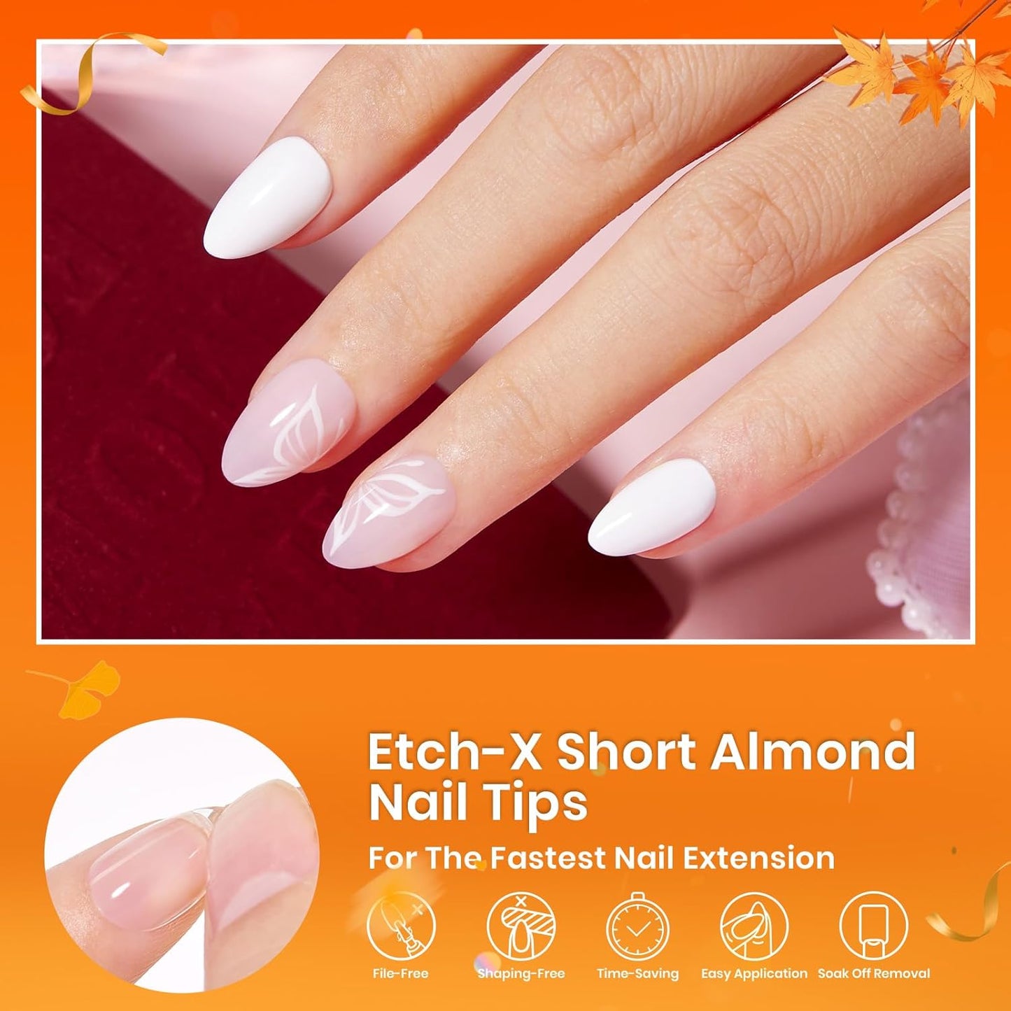 Beetles Extra Short Almond Nail Tips, 12 Sizes 288 PCS Pre-Shaped Clear Full Cover Etch Gel Nail Tips Clear Acrylic Nails Glue on Nails for Girls Women Nail Art Design,Nail Glue Needed