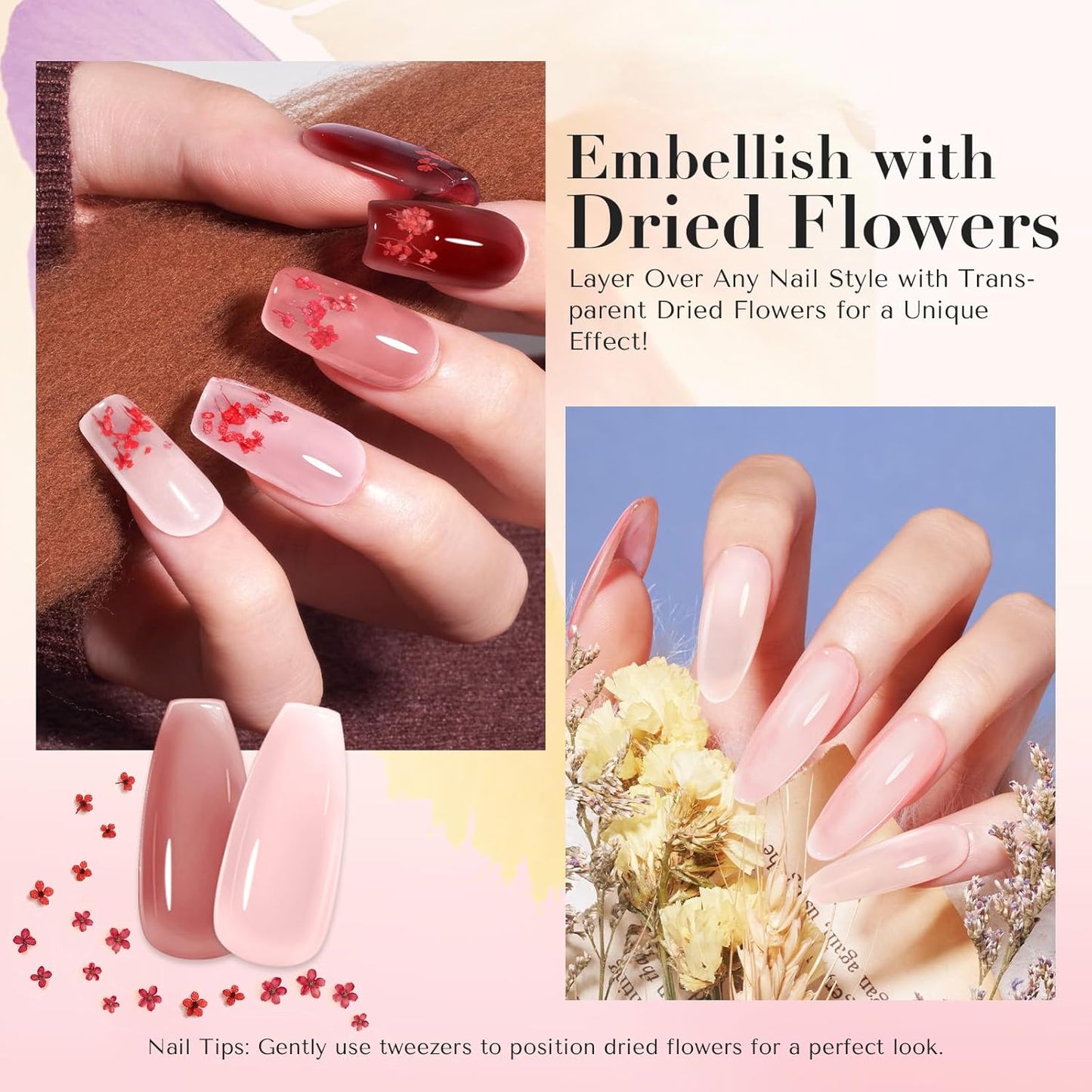 AZUREBEAUTY Dip Powder Nail Kit, 4 Colors Jelly Transparent with Dried Flower Set, Nude Brown Natural Dipping Powder Starter Liquid Set Recycling Tray with Base & Top Coat Activator