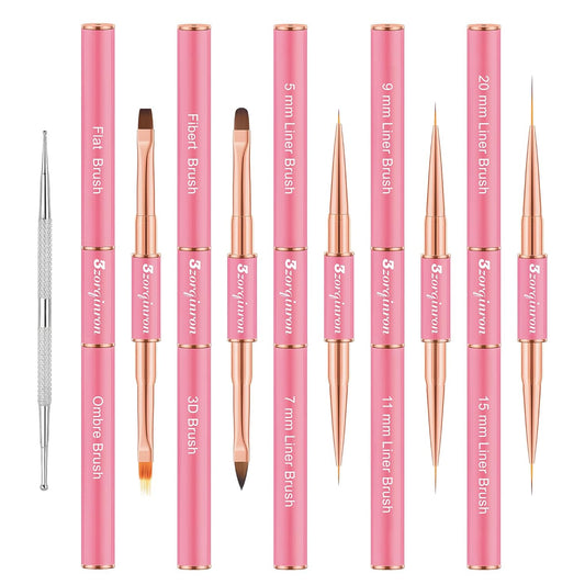 Nail Art Bushes Set, Professional 5Pcs Double-Ended Nail Brush Kit for Details, Long Lines, Ombre & 3D Design-Perfect for DIY Manicures & Salons (Pink)