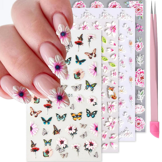 Pink Flower Nail Art Stickers Decals 5D Embossed Nail Decals Spring Summer Nails Art Design Self-Adhesive Supplies Accessories 3D Flower Stickers for Women Nails DIY Decoration