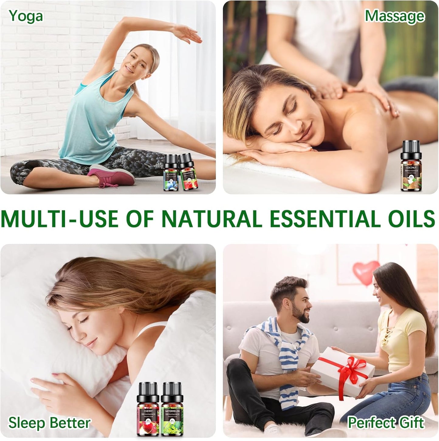 Fruity Essential Oils Set - 6x10ML Fruit Fragrance Oil for Diffuser, Aromatherapy, Candle Making - Strawberry, Cherry, Blueberry, Mango, Coconut, Watermelon Scented Oil