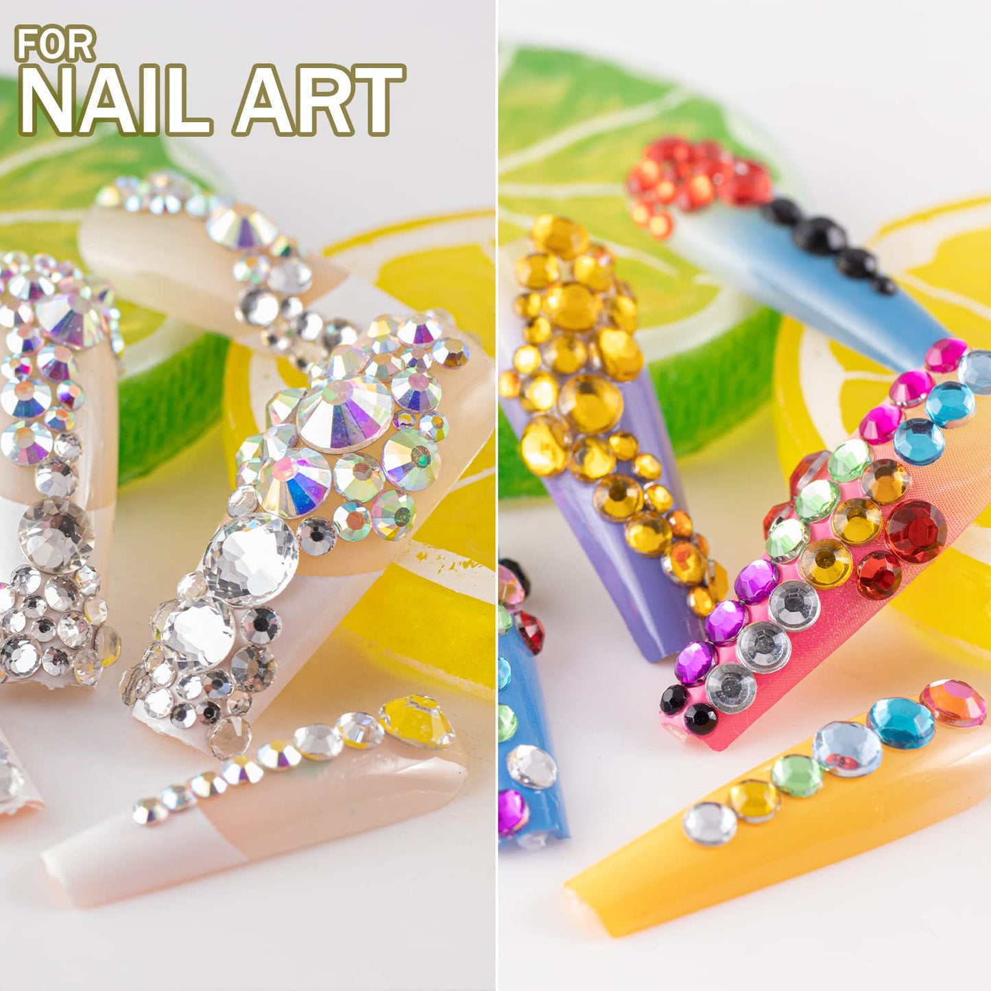 Two Packs of Flatback Rhinestones 4520 Pcs Crystal, Colorful Rhinestones for Nails, Multicolored+ AB+Transparent White Gems with Picker Tools for Bedazzling Nail Crafting Face Makeup