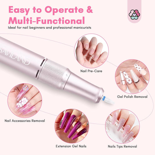 SAVILAND Professional Nail Drill: 40000 RPM PRO Electric Nail Drill Machine Nail File With Colorful Nail Bits for Manicure Pedicure Acrylic Removal Polishing Tools Kit for Salon Home Use
