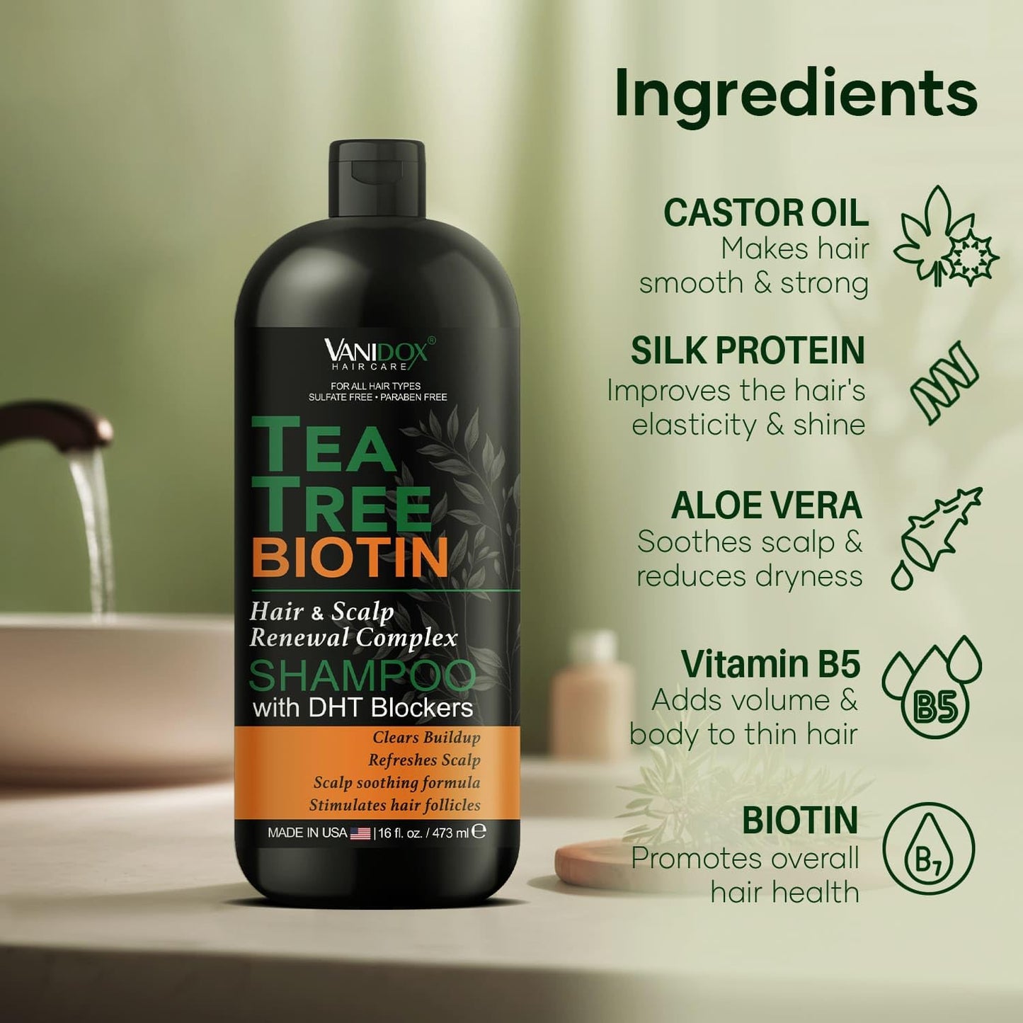 Tea Tree Oil Shampoo with Biotin, DHT Blockers, Itchy Scalp Relief, Supports Thicker-Looking Hair, Cleanses Dandruff & Buildup, For Men & Women, Made in USA, 16 fl oz