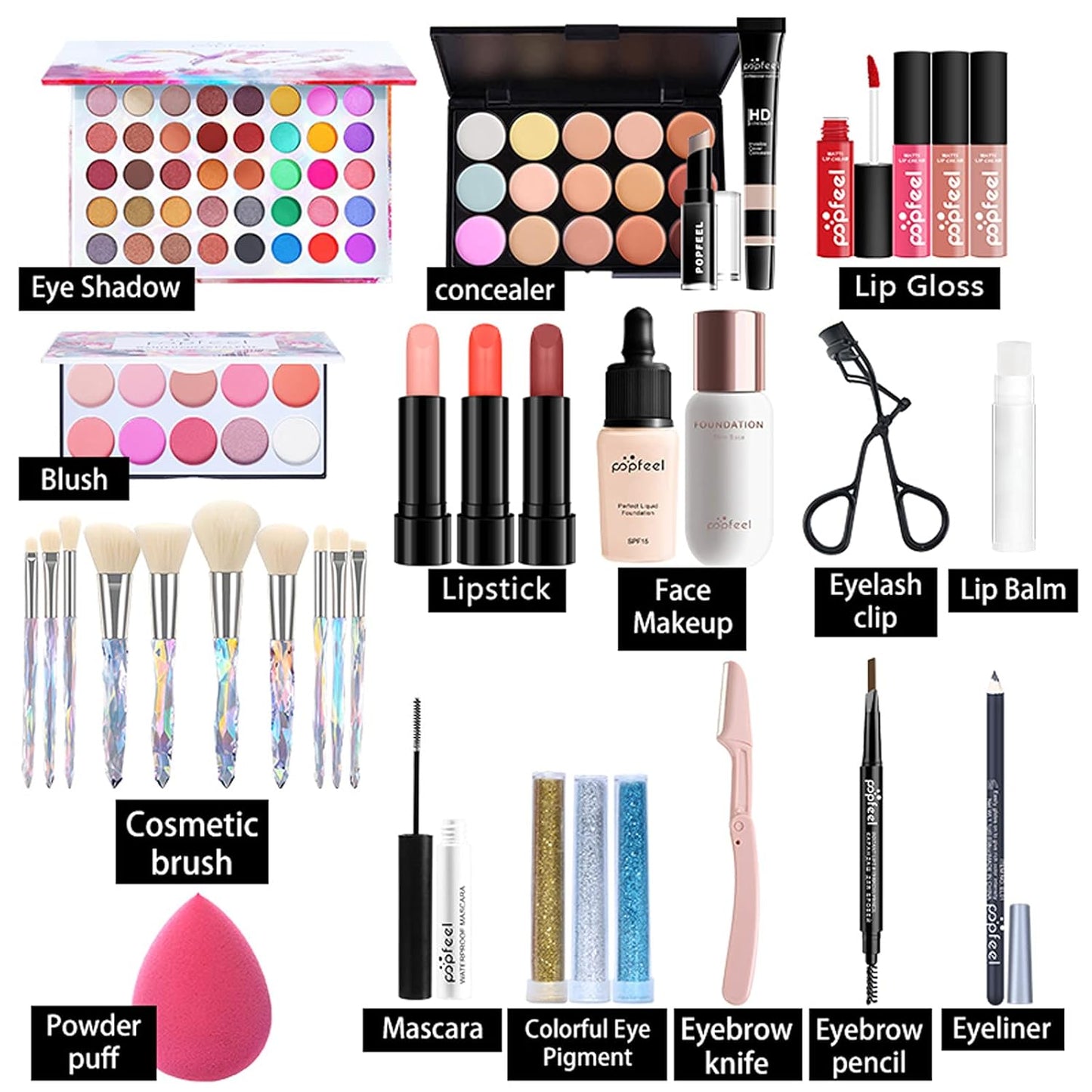 All in One Makeup Bundle with Makeup and Reusable Waterproof Case, Ultimate Color Combination Eye Shadow Palette, Photo Finish Foundation, Lipstick Set, Multi-Use Concealer etc, Makeup Gift Set