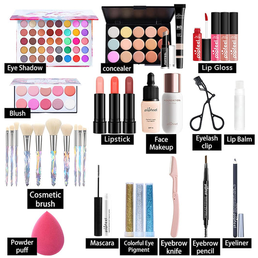 All in One Makeup Bundle with Makeup and Reusable Waterproof Case, Ultimate Color Combination Eye Shadow Palette, Photo Finish Foundation, Lipstick Set, Multi-Use Concealer etc, Makeup Gift Set