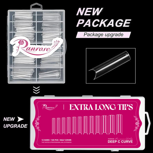 Ranrose 120PCS Extra Long Half Nail Tips,XXL Super Long Half Cover Deep C Curve False Nails 12 Sizes Tapered Square Press on Nails with Box