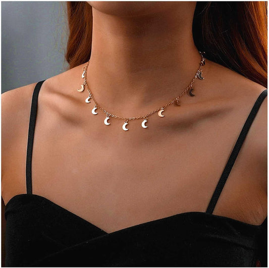 Vintage Moon Dangle Necklace Curved Moon Pendant Necklace Tiny Moon Choker Necklace Gold Minimal Choker Necklace Jewelry for Women