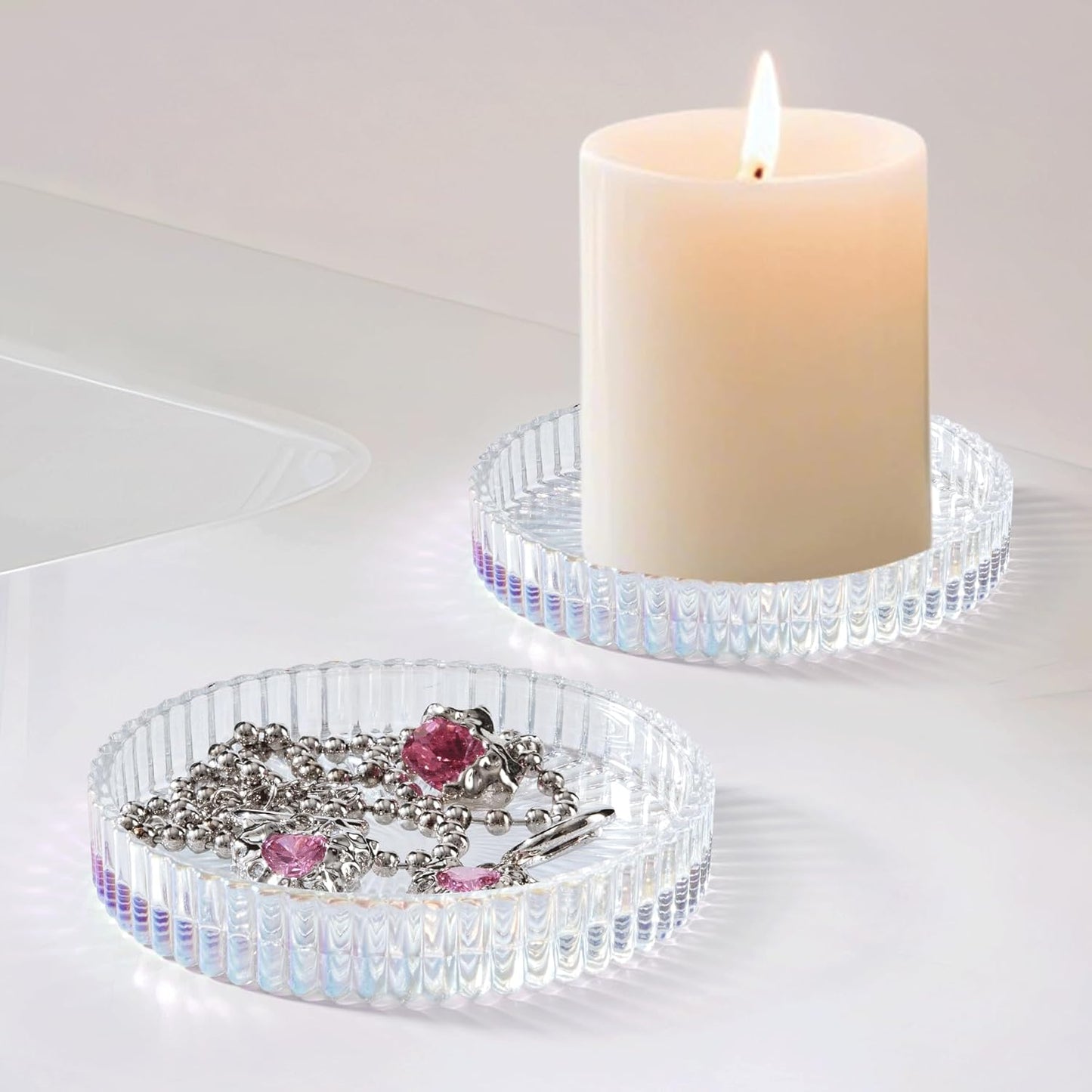 2 Pack Qtip Holder - Apothecary Jars with Lids, Bathroom Organizers and Storage Canister for Cotton Balls,Swabs,Floss Picks,Hair Ties,Clear Glass Vintage Bathroom Decor Jar Set (Iridescent)