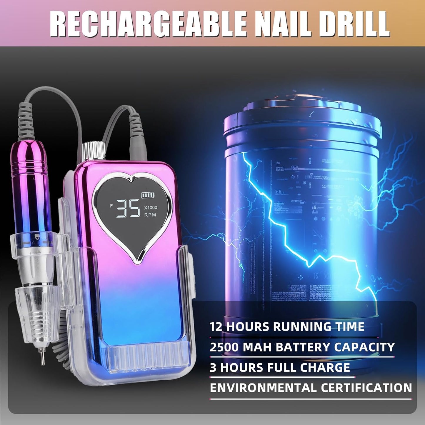 Professional Electric Nail Drill Machine for Acrylic Nails, 35000 RPM Electric Nail File Tool Set, Portable E-File Rechargeable Manicure Pedicure Polish Kit for Home Salon Tech (Heart Sunset Blue)