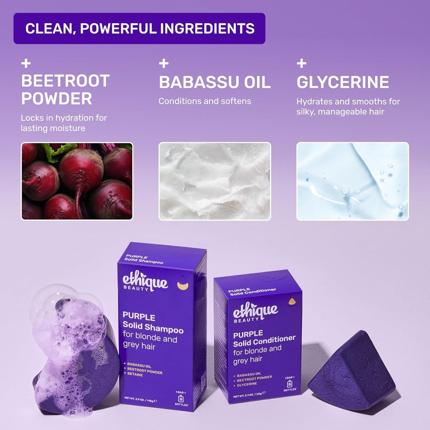 Ethique Purple Shampoo Bar for toning brassy hair - Plastic-Free, Cruelty-Free, Vegan, 3.88 oz - Formerly Tone It Down