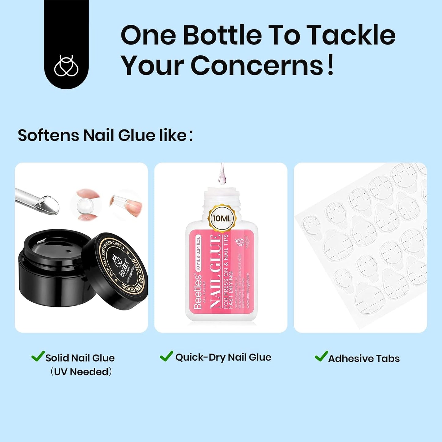 Beetles Nail Glue Remover with Cuticle Tool, 1 Pcs 20ml Press on Nail Remover Non-Acetone Adhesive for False Nail Tips Gentle Formula Not for U v Nail Glue Gel