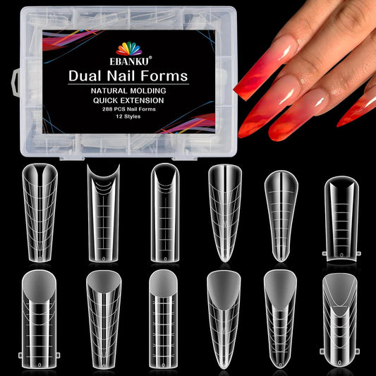 EBANKU Dual Forms for Poly Nail Gel 288PCS Dual Nail Forms Molds Stiletto Coffin Ballerina Acrylic Nail Tips 12 Shapes for Builder Gel Manicure Nail Art Design Salon DIY at Home